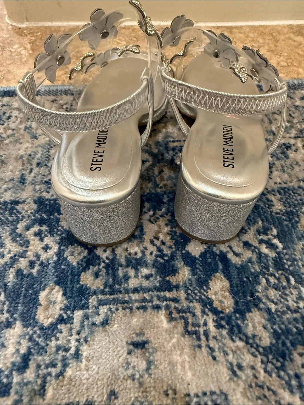 Steve Madden Girls Silver Crystal Floral Ankle-Strap Sandals
